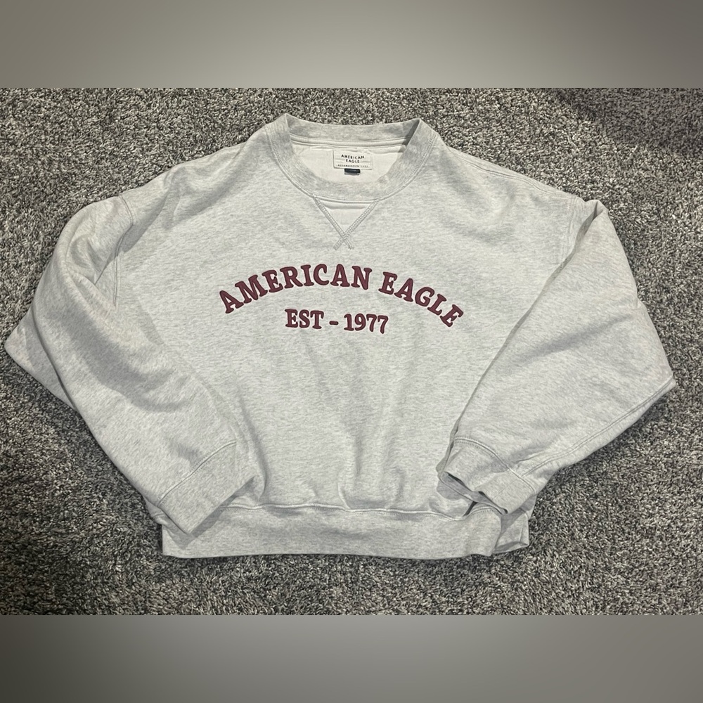 American Eagle Sweatshirt Womens Small Cropped Gray EST 1977 Boxy Pullover